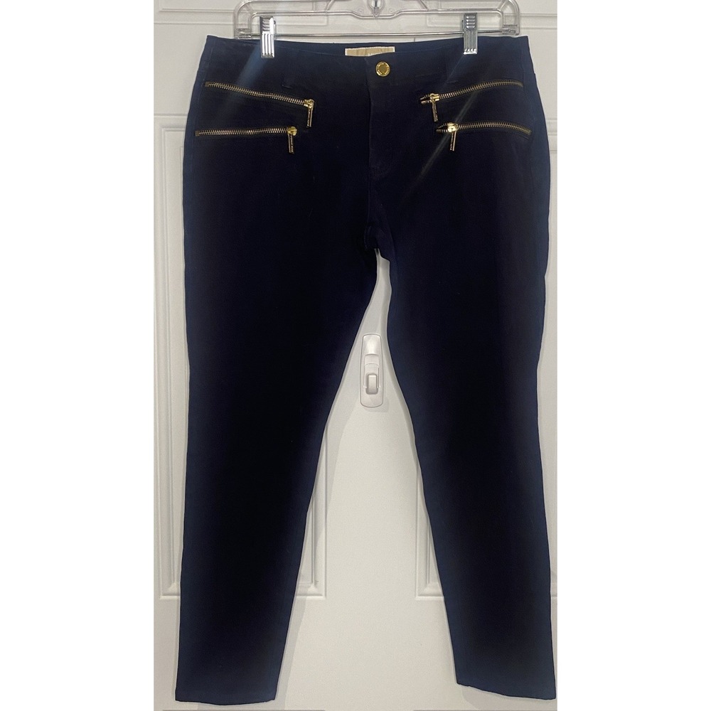 Michael Kors Size 10 Navy Blue Gold Zipper Straight Leg Stretch Ankle Pants